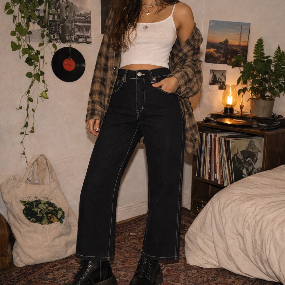 Reformation Cowboy High-Rise Straight Black Jeans Sz 25/S White Stiching Y2K